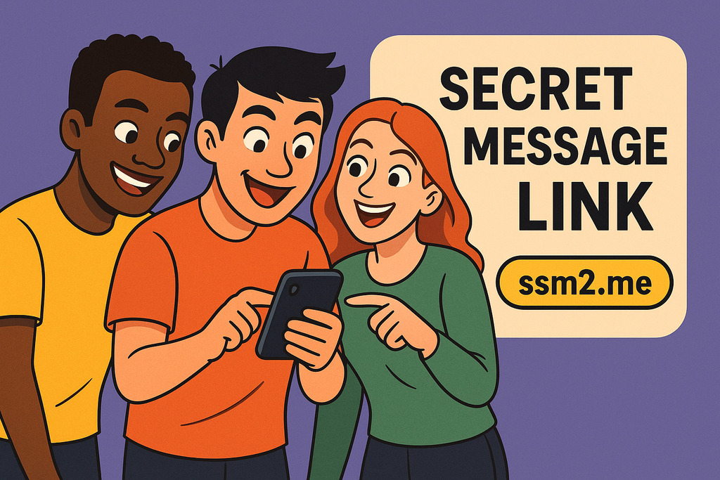 Three people using their phones to send and read secret message links and anonymous messages during a group chat